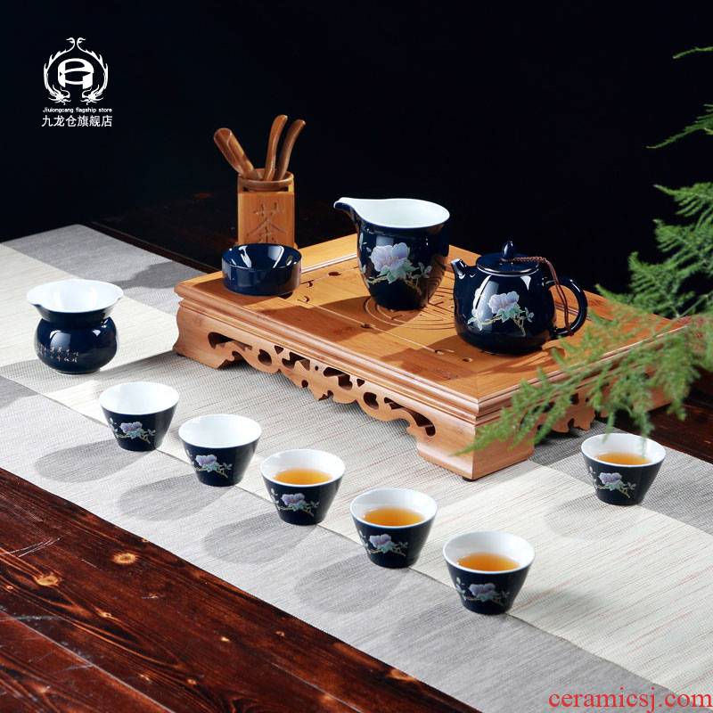 DH jingdezhen kung fu tea sets tea cup of the blue glaze tureen household to restore ancient ways small cups of a complete set of the teapot