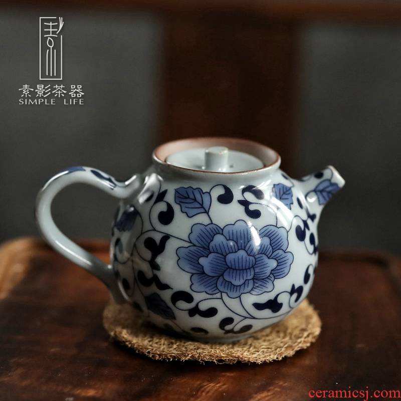 Plain film blue and white porcelain ceramic teapot large household manual single tea pot of kung fu tea set small tea filter