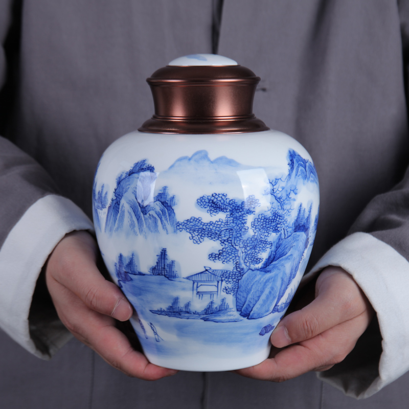 I and contracted scenery of blue and white porcelain of jingdezhen ceramics caddy fixings loose tea tea tea storage tank furnishing articles
