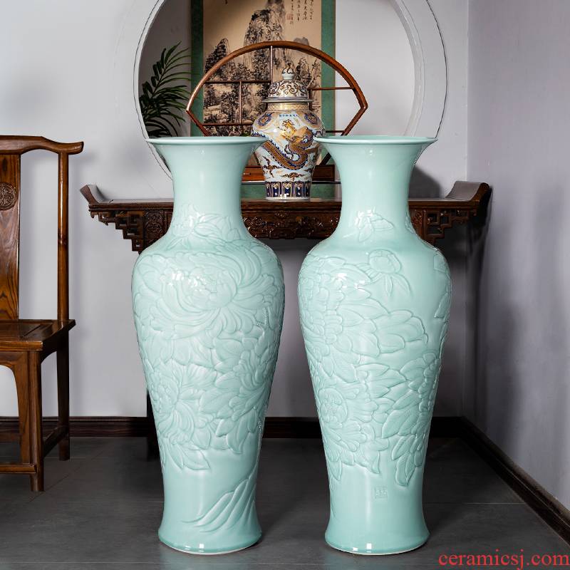 Jingdezhen ceramics shadow blue glaze hand - carved restoring ancient ways of large vases, flower arrangement home furnishing articles large living room