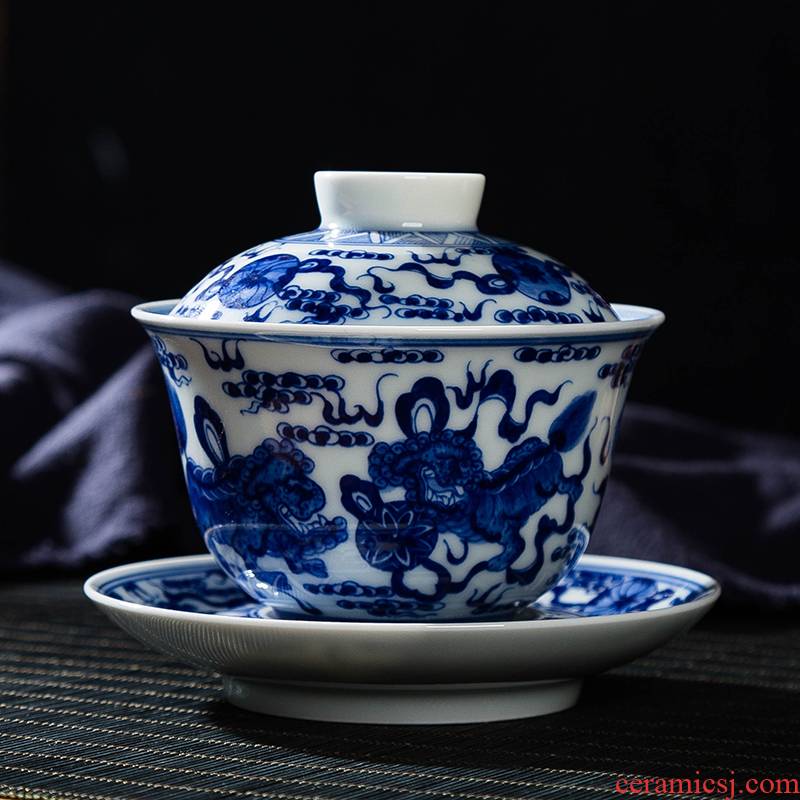 Jingdezhen checking ceramic tureen large kung fu tea tea, blue three worship cup heavy industry to use
