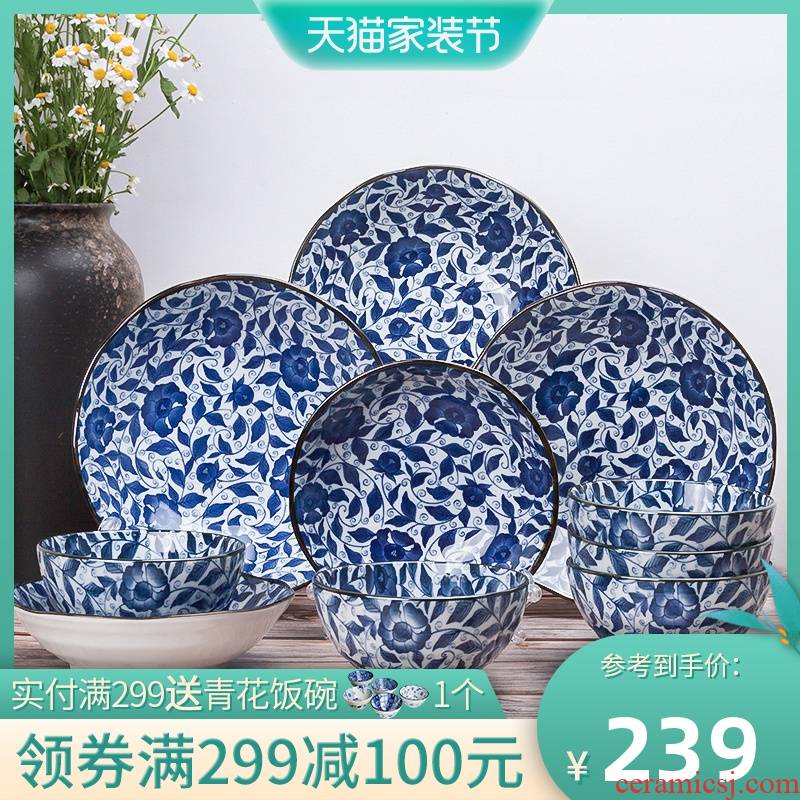 Meinung burn Japanese blue and white porcelain bowls tableware ceramic bowl dishes home eat bowl bowl retro gift set to use