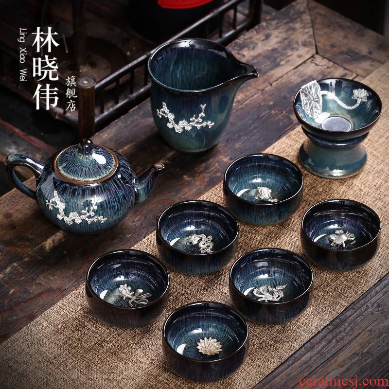 Jingdezhen up with silver tea set ceramic building red glaze, office home a whole set of kung fu tea kettle
