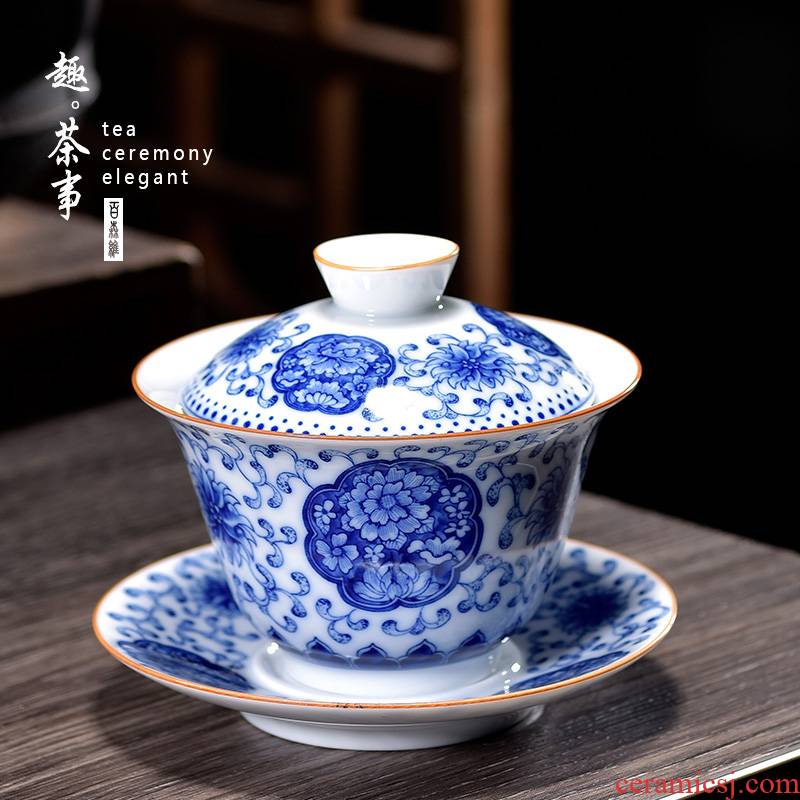 Jingdezhen porcelain bound branch lotus tureen single retro three cups to bowl of kung fu tea bowl of ceramic tea set home