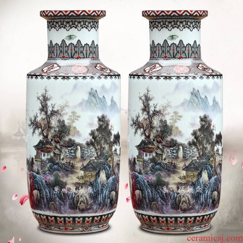 Jingdezhen ceramic color ink landscape painting misty rain jiangnan sitting room ground dry vase household furnishing articles opening gifts
