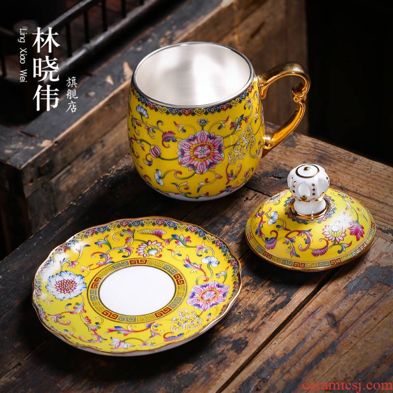 Silver colored enamel coppering. As large glass ceramics cup Silver cup of office 999 masters cup kung fu tea set