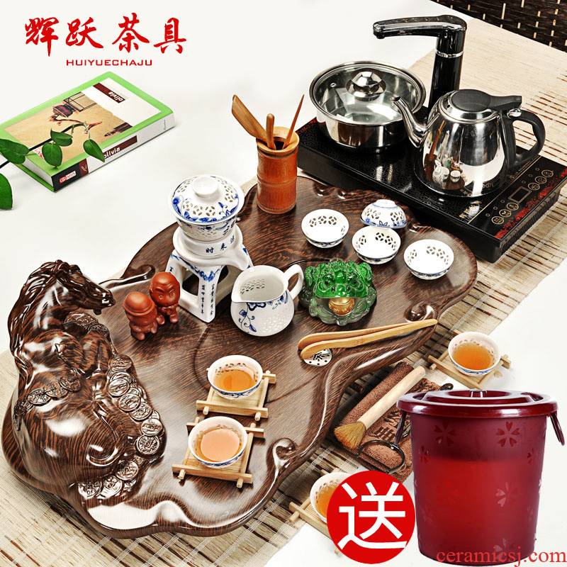 Hui, make ceramic kung fu tea set tea service of a complete set of purple sand tea set household induction cooker technology wood tea tray