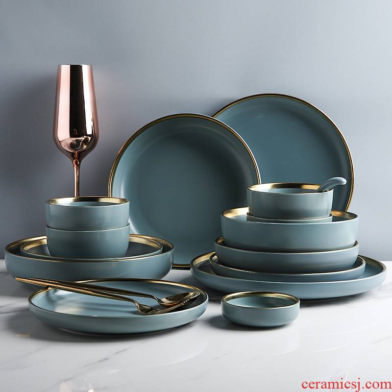 Selley high -- grade matte enrolled blue ceramic tableware suit household use plates spoon, chopsticks tableware suit western - style food dish plate