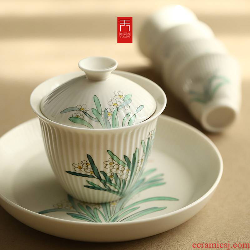 Jingdezhen hand - made ceramic tea tray daffodil pot bearing tureen sample tea cup cup home master kung fu tea set