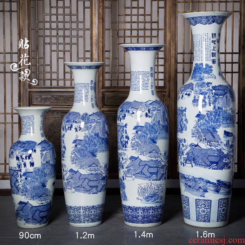 Blue and white porcelain of jingdezhen ceramics qingming scroll of large vase hotel decoration furnishing articles large living room