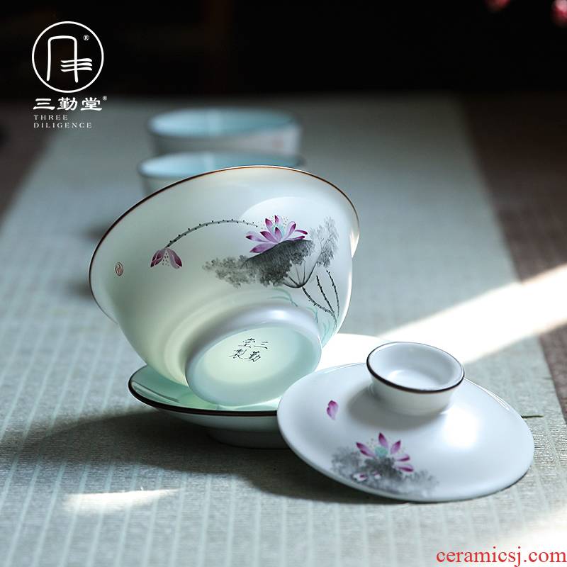 Three frequently hall tureen jingdezhen kung fu tea tea cups hand - made pastel Three cup large bowl suit