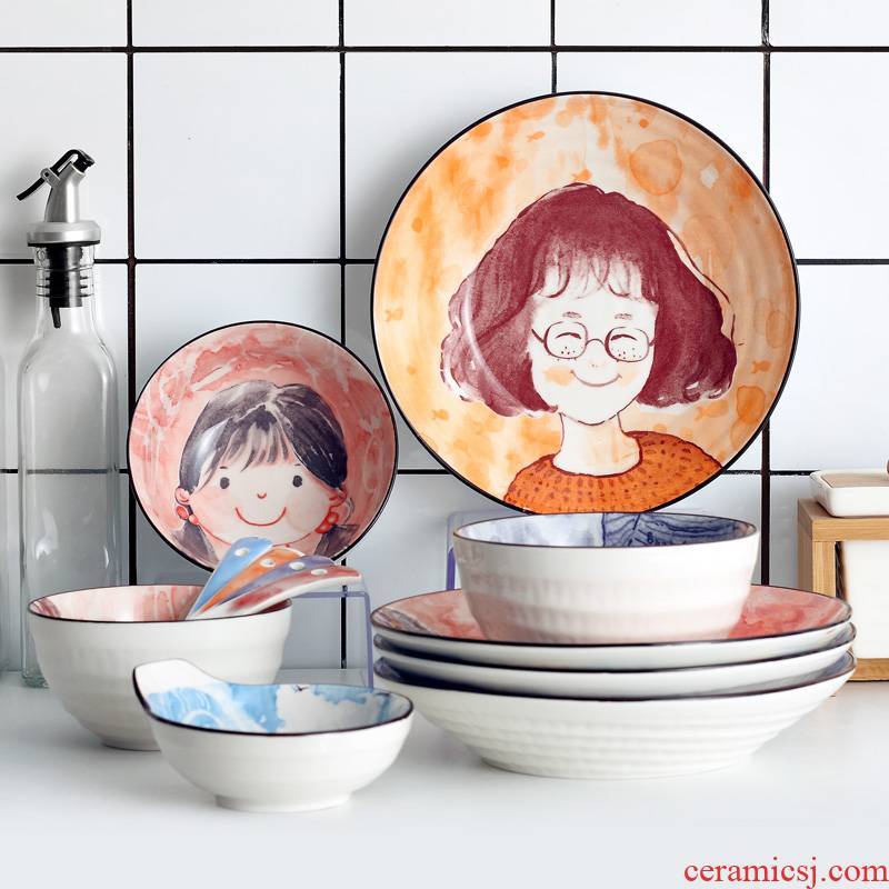Japanese dishes suit 0 chopsticks the household ceramics creative cartoon family eat rice bowl spoon, jingdezhen tableware