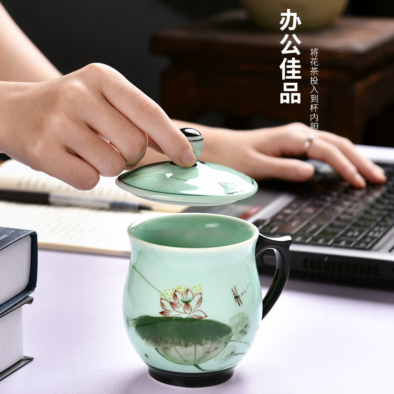 Mark cup high - capacity ceramic filter with cover cup longquan celadon household glass cup creative move trend