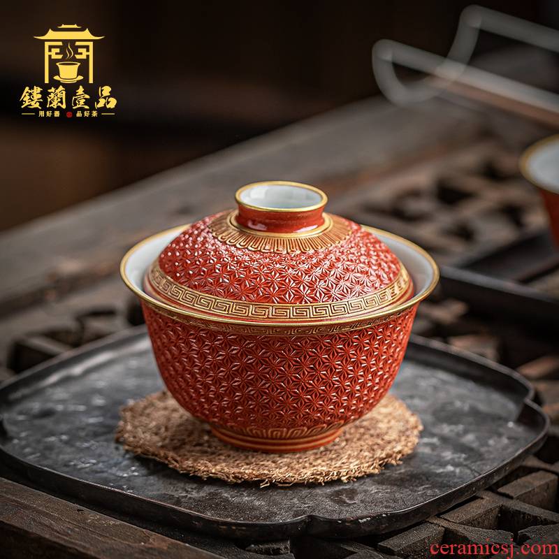 Jingdezhen ceramic old red glaze see hand - cut manual three bowl tea tureen single CPU kung fu suit
