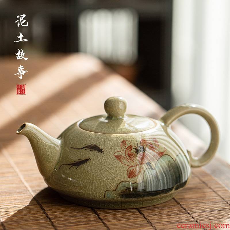 Hand lotus ice to crack the up with jingdezhen ceramic Japanese kung fu tea tea teapot manually single pot of household