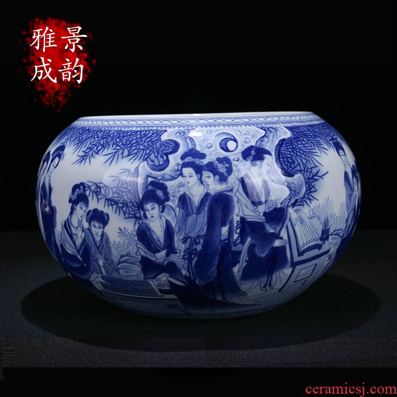 The New Chinese blue and white porcelain of jingdezhen ceramics Jin Lin 12 vents beauty figure sitting room adornment is placed TV ark