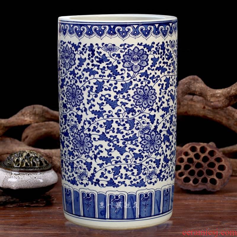 Jingdezhen ceramics big vase furnishing articles hand - made antique blue - and - white bound lotus flower of large quiver painting and calligraphy calligraphy and painting