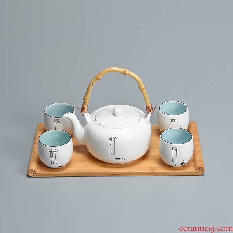 Jun ware fat white teapot tea tea set ceramic household small set of Chinese contracted girder pot a pot of four cups