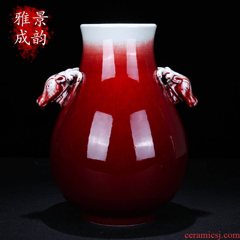 Jingdezhen ceramic sitting room porch porcelain decoration of new Chinese style household furnishing articles flower arranging, ruby red deer head vase