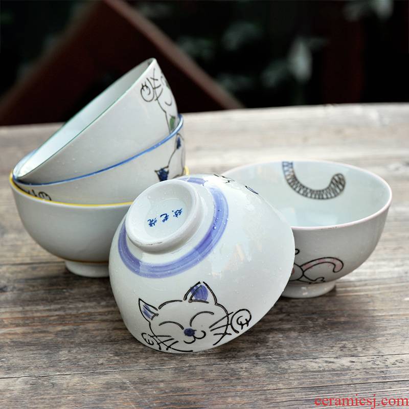 5 only under the glaze color Japanese ceramic bowl, lovely plutus cat eat rice bowl of rice bowl bowl rainbow such use cutlery set