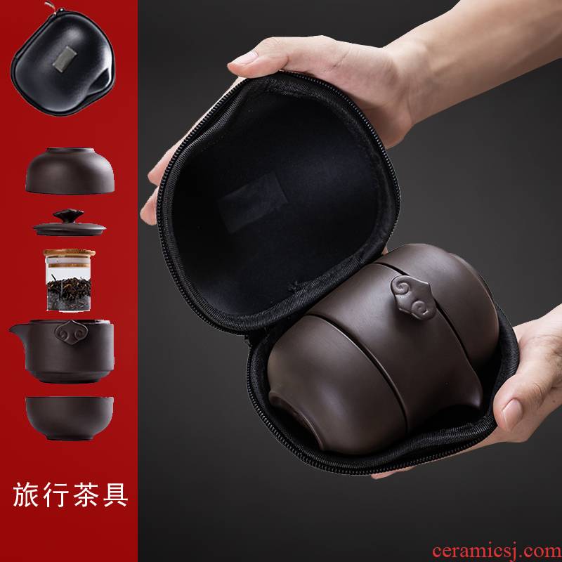 Travel tea set a portable bag, black pottery pot two violet arenaceous crack of is suing tourism tea cup hot car