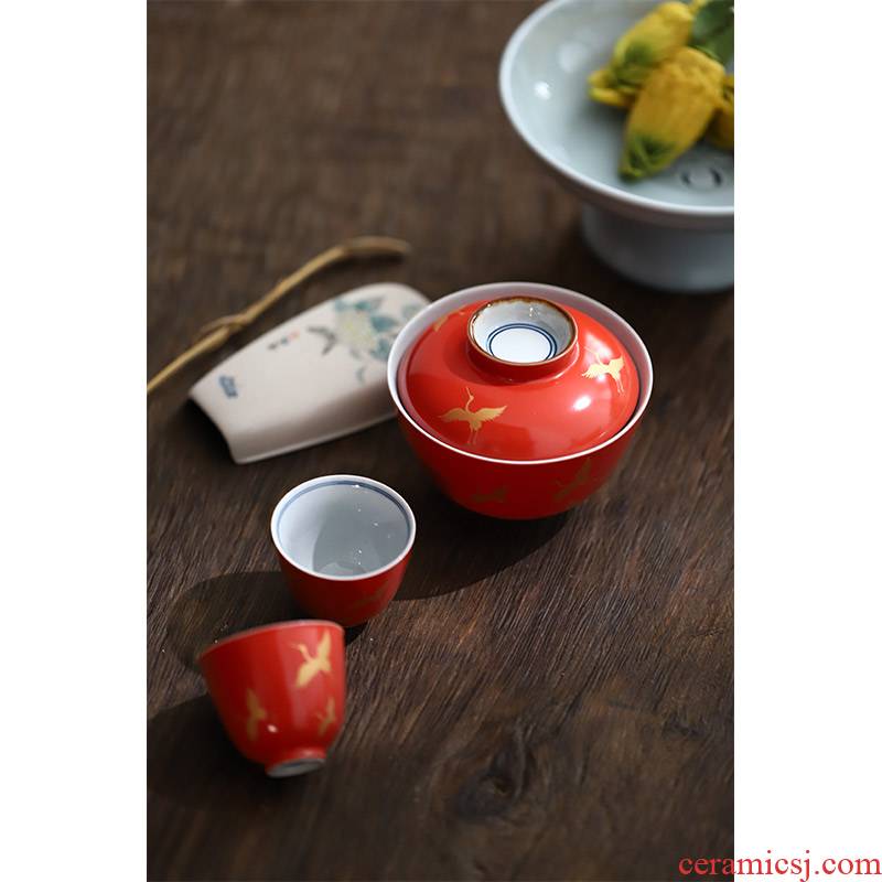 Jingdezhen no riding tureen coarse pottery coral red persimmon cranes bronzing tureen "yunnan red double sample tea cup