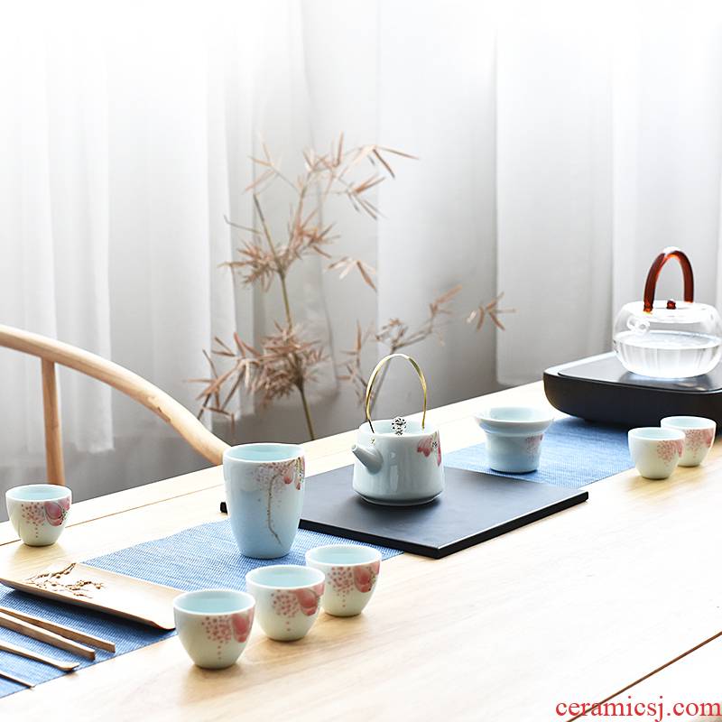 Large household ceramics kung fu tea set 6 people a complete set of white porcelain teapot teacup set custom hand - made tureen girder