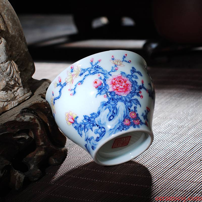 The Owl up jingdezhen blue and white colored enamel peony cup fighting kung fu tea masters cup tea cup