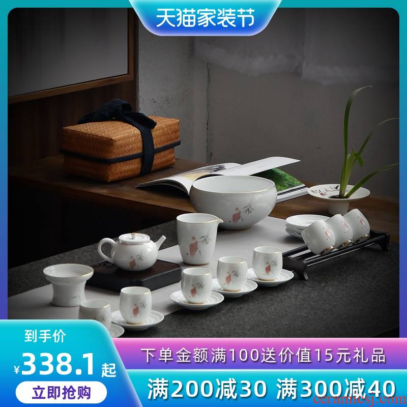 White porcelain kung fu tea set household contracted and modern office lid bowl of high - end gift set a complete set of tea cups