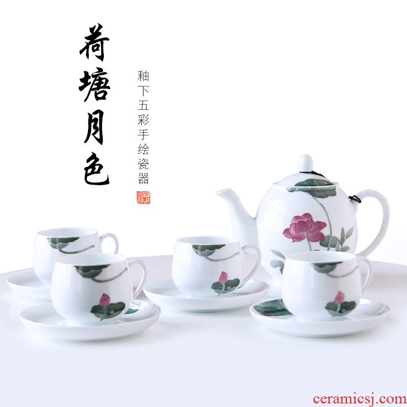 A complete set of tea set kung fu tea set under the glaze color of Chinese style household hand - made ceramic teapot teacup liling porcelain