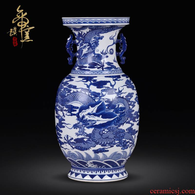 Jingdezhen ceramic antique blue - and - white longfeng mascot figure vase flower arranging new Chinese style sitting room adornment is placed
