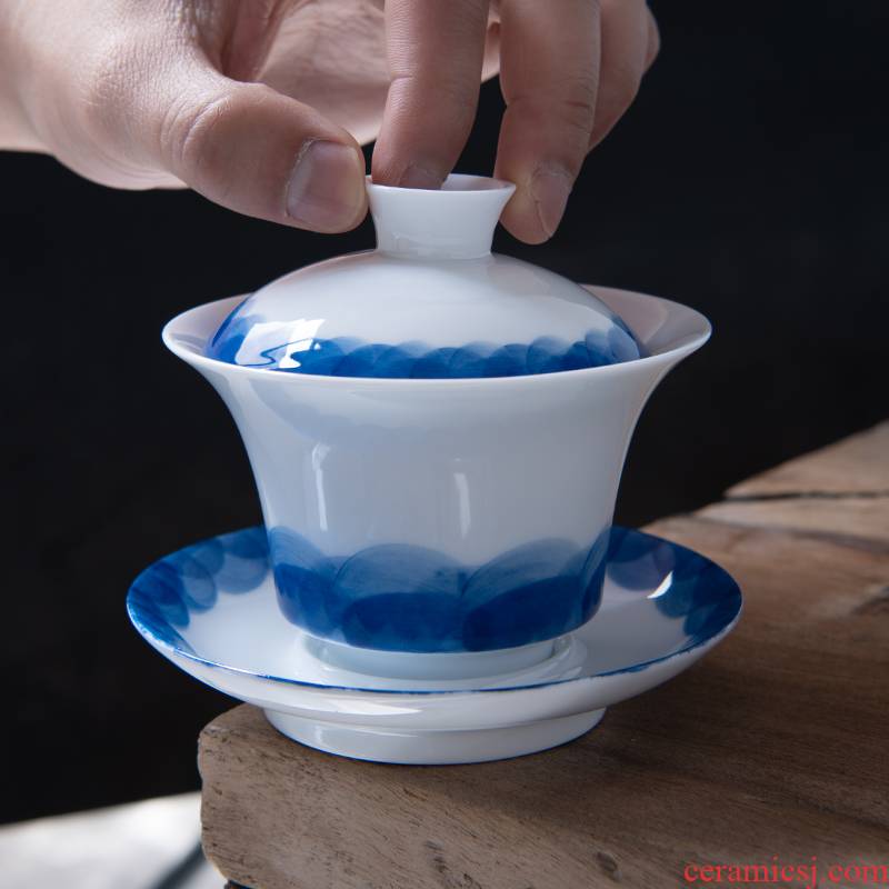 Blue and white only three tureen kung fu tea bowl cups with cover white porcelain tea set a single large jingdezhen ceramics