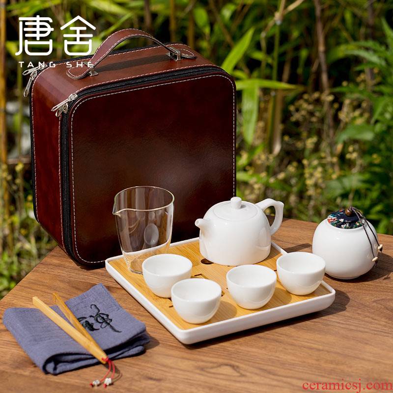 Tang's white porcelain contracted travel tea set suit portable kung fu tea caddy fixings tea tray glass cup home