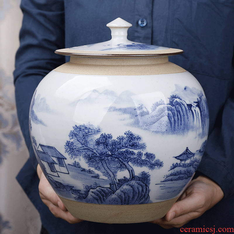 Jingdezhen ceramic large blue and white porcelain tea pot seal pot with cover moistureproof household storage warehouse pu 'er tea pot