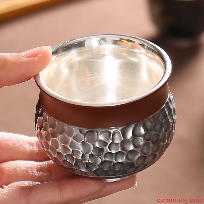 Tasted silver hand purple sand cup 999 sterling silver gilding masters cup single archaize ceramic creative hammer household sample tea cup