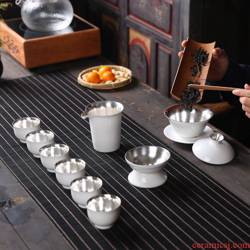 Tasted silver gilding kung fu tea sets dehua white porcelain of a complete set of silver tea gifts tureen high - end gift box office