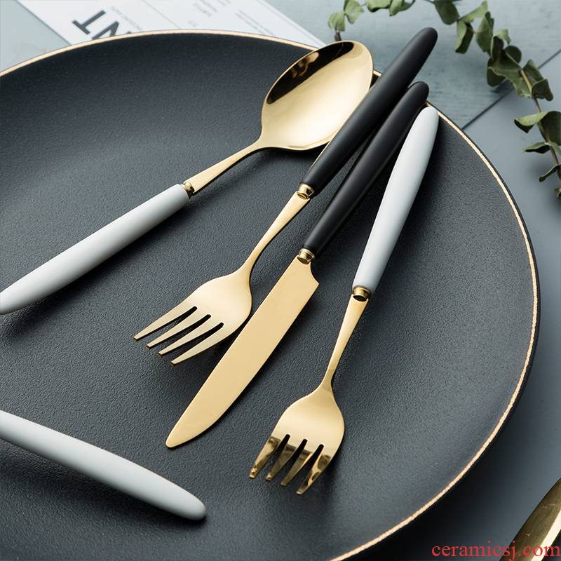 Steak knife and fork suit household spoon creative ceramic simple black and white and a knife and fork spoon handle western - style food tableware northern Europe