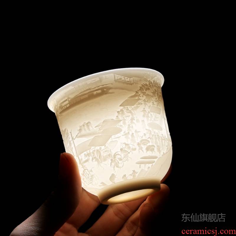 Dehua suet jade white porcelain cups qingming scroll longfeng 8 sample tea cup masters cup kunfu tea light cup