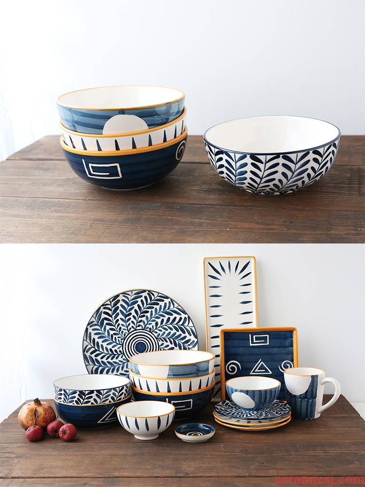 Hand - made tableware of pottery and porcelain Japanese large rainbow such as bowl bowl big ramen noodles bowl of fruit salad, home