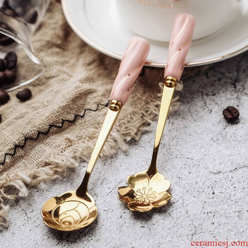 A Warm harbor Japanese creative lovely cherry blossom put teaspoons of ceramic coffee spoon, long - handled spoon stir dessert spoon, small stainless steel