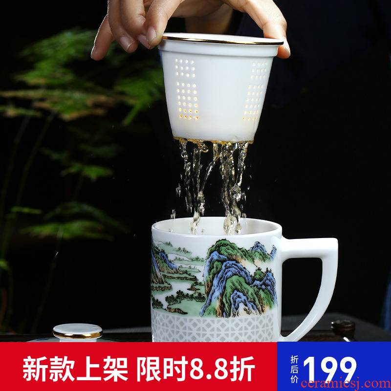 Jingdezhen hand made and exquisite creative ceramic cup with cover the tank filter cups office home large capacity of Chinese style