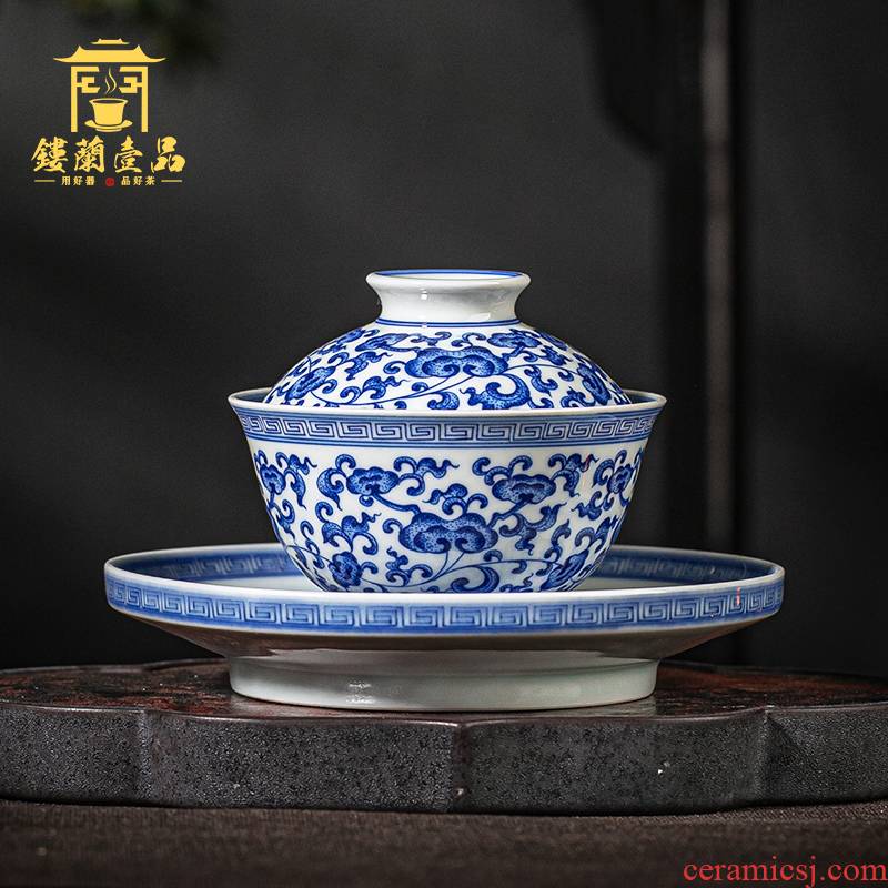 Jingdezhen ceramic blue and white tie up within the lotus flower sweet hand - made all three tureen kung fu tea tureen large bowl