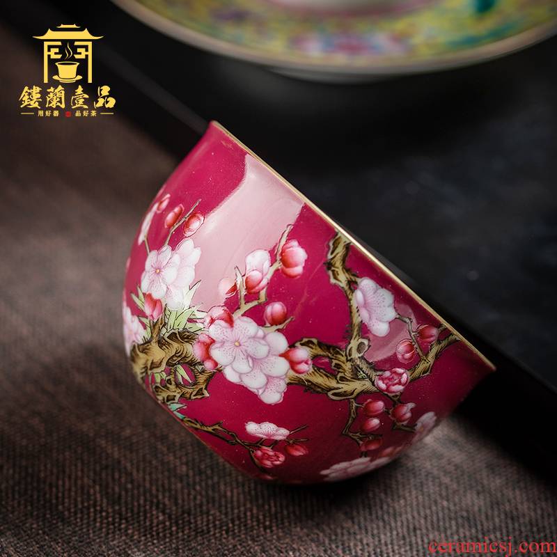 Carmine kung fu tea powder enamel name plum flower sample tea cup large master cup single CPU jingdezhen ceramic tea cup