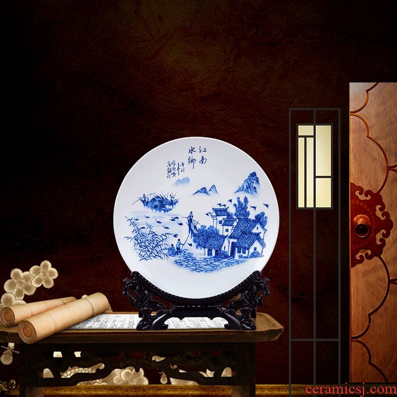 Blue and white porcelain of jingdezhen ceramics landscape painting decorative furnishing articles household decoration of Chinese style living room rich ancient frame plate
