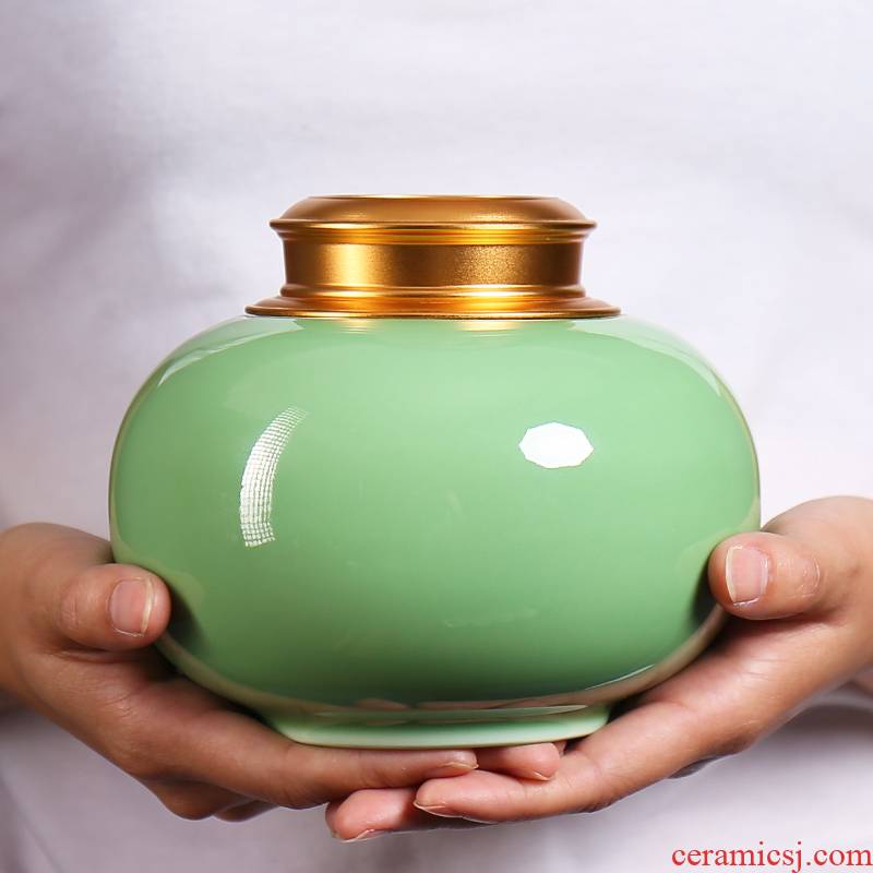 Longquan celadon ceramic alloy cover large black tea, green tea caddy fixings sealed tank general household tea boxes