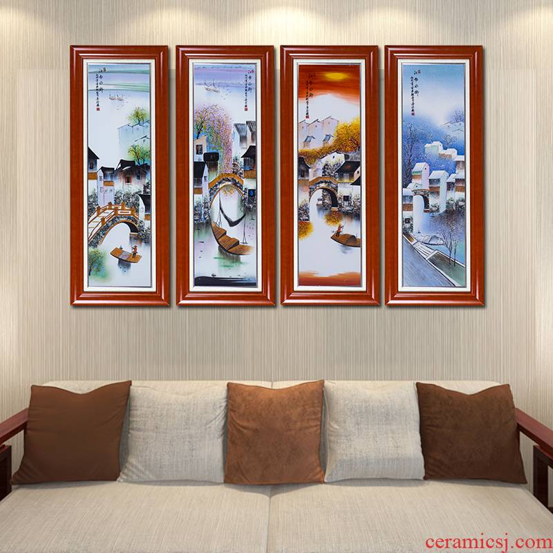 Chinese painting wind quadruple hand - made jiangnan porcelain plate paintings of Chinese style living room sofa setting wall adornment that hang a picture