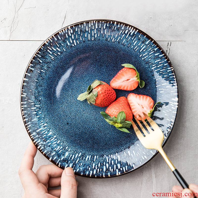Nordic home blue plate creative ceramic dishes circular plate flat plate beefsteak plate tableware move