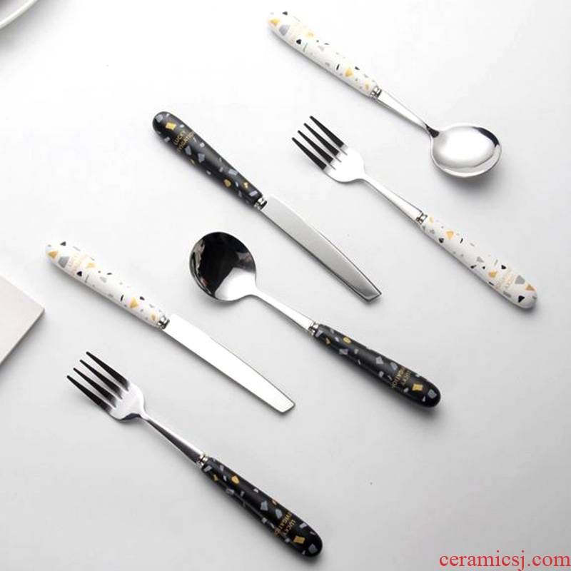 Ceramic handle steak knife and fork spoon, three - piece household Nordic web celebrity couples western - style food tableware suit stainless steel spoon