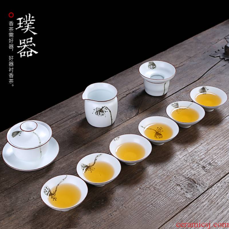 Ceramic kung fu tea set suit household contracted white porcelain cup tea tureen tea of a complete set of zero with tea
