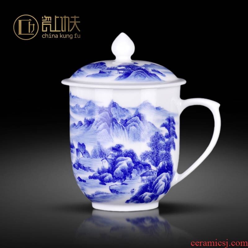 Jingdezhen ceramic cups cup office cup liberally cup gift custom hand - made of blue and white landscape of large single CPU